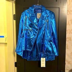 Handmade genuine leather ITALIANSKINS jacket. Asymmetrical,Metallic Blue,size M